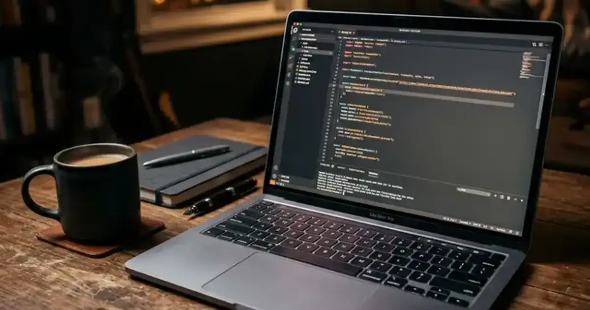 Laptop with code on screen sitting on a wooden desk next to a coffee mug and notebook