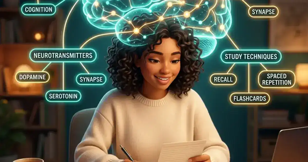 College student with glowing brain visualization showing connected memory nodes at a clean desk with flashcards