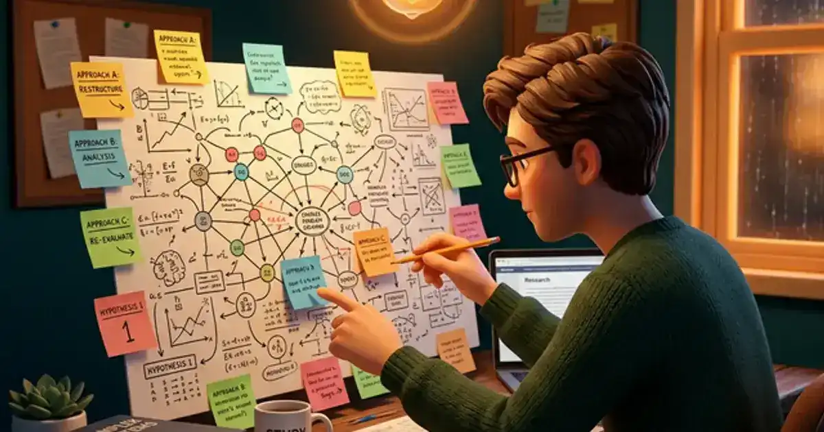 College student at a desk looking at a problem from different angles with colored sticky notes and a lightbulb above