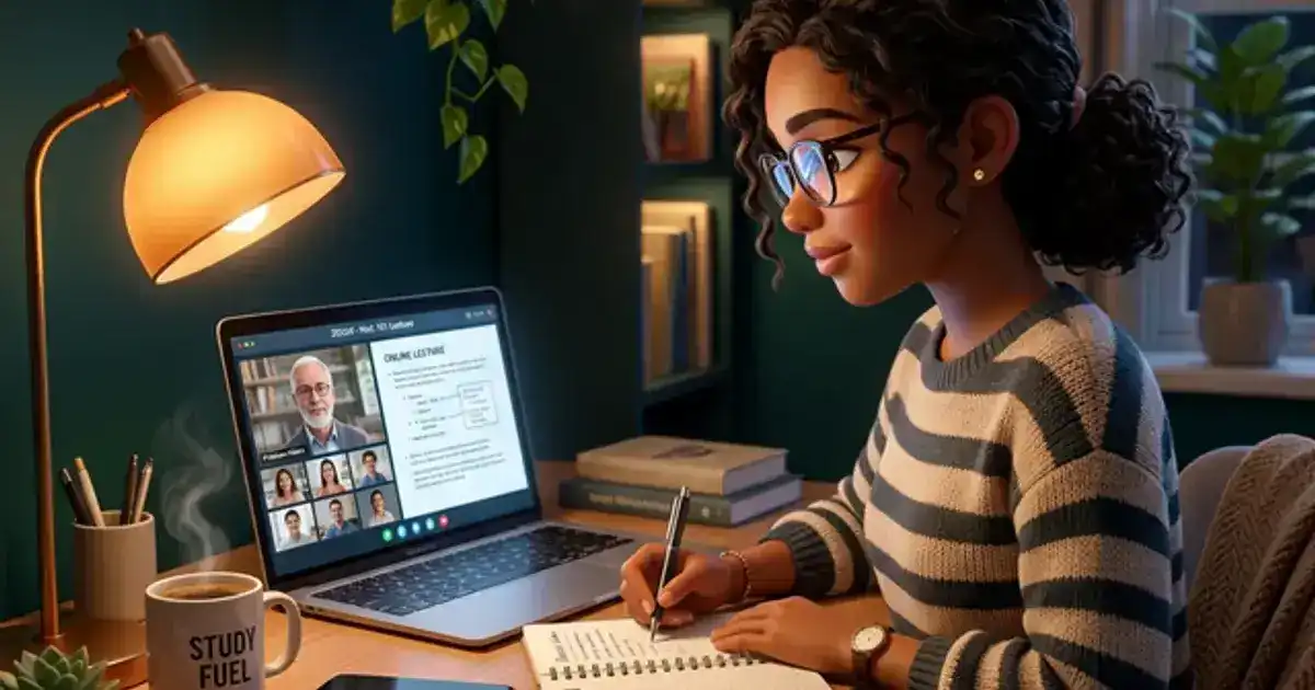 College student at home desk actively taking notes during an online video lecture with headphones and focused posture