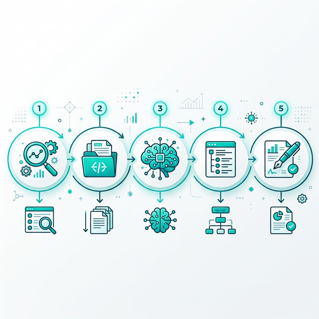 5-step AI research workflow: find sources, organize, analyze, outline, write
